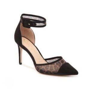 Jessica Simpson Size 8.5 Camania Mesh Cheetah Black Faux Suede Pointed Toe Heels